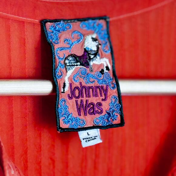 Johnny Was Peplum Top Womens L Red Embroidered Floral Scalloped Boho Cottagecore - Picture 12 of 13